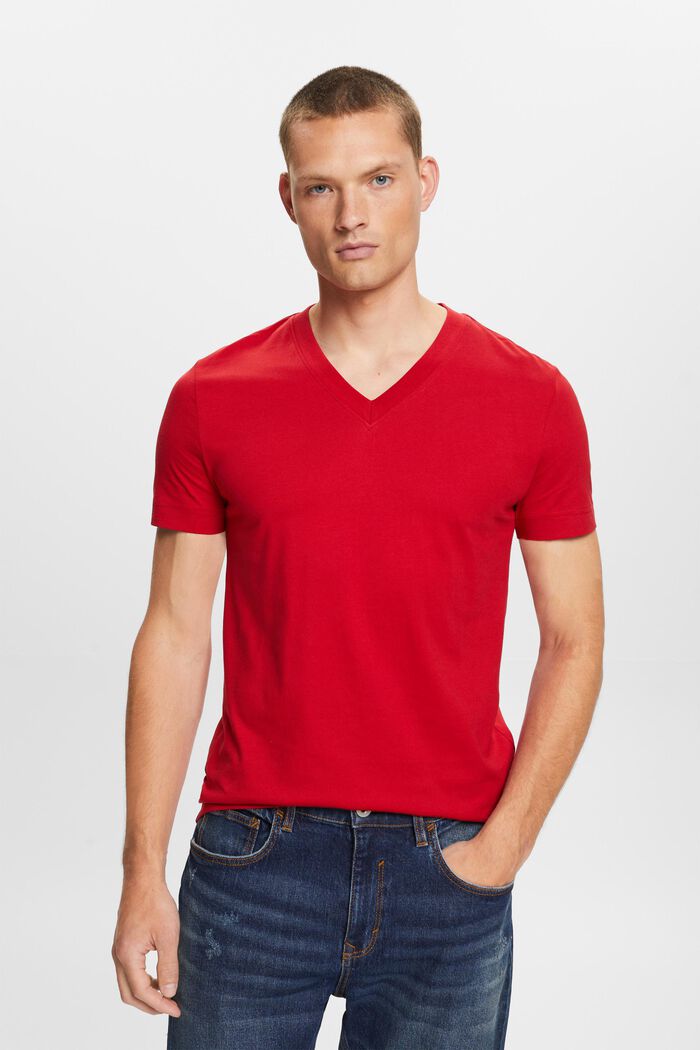 T-shirt en jersey à encolure en V, 100 % coton, DARK RED, detail image number 0