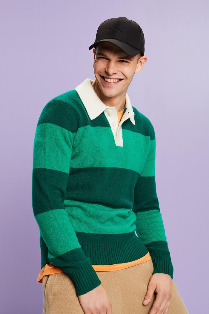 Pull polo en cachemire à rayures de style rugby, EMERALD GREEN, detail image number 5