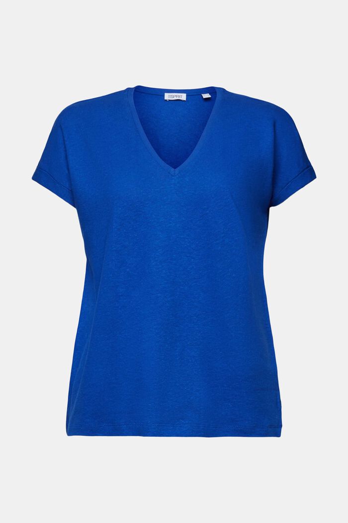 T-shirt à encolure en V en mélange de lin et coton, BRIGHT BLUE, detail image number 5