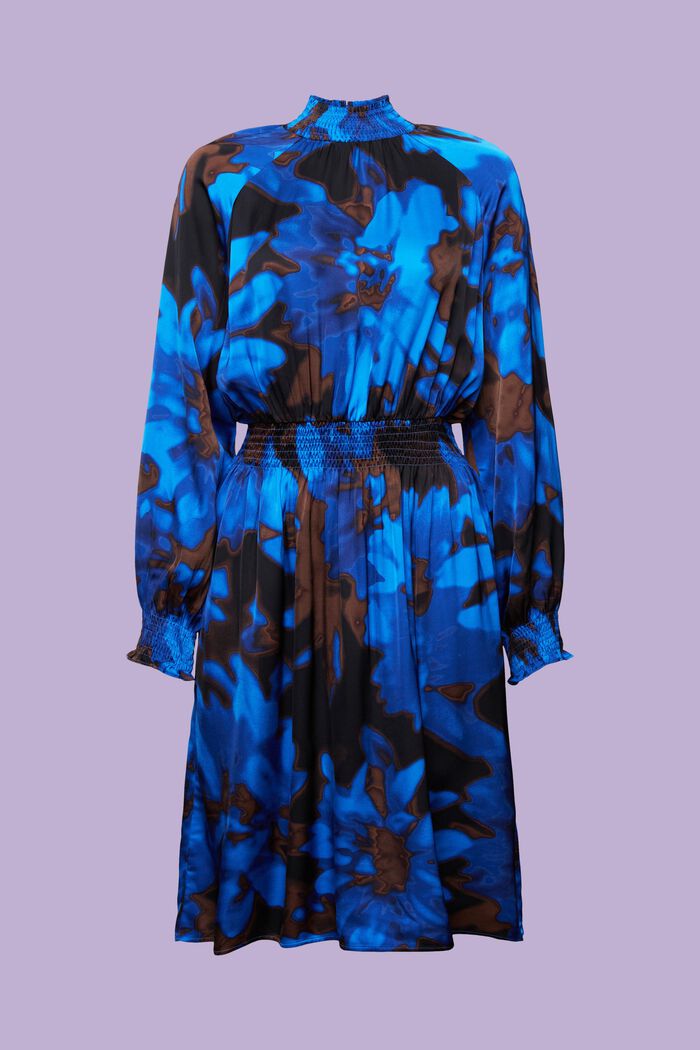 Robe imprimée en satin à détails smockés, BRIGHT BLUE, detail image number 6