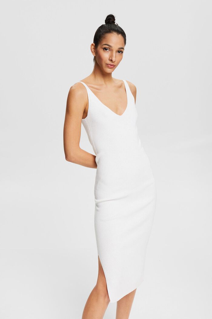 À teneur en lin : la robe longueur midi en maille côtelée, WHITE, detail image number 0