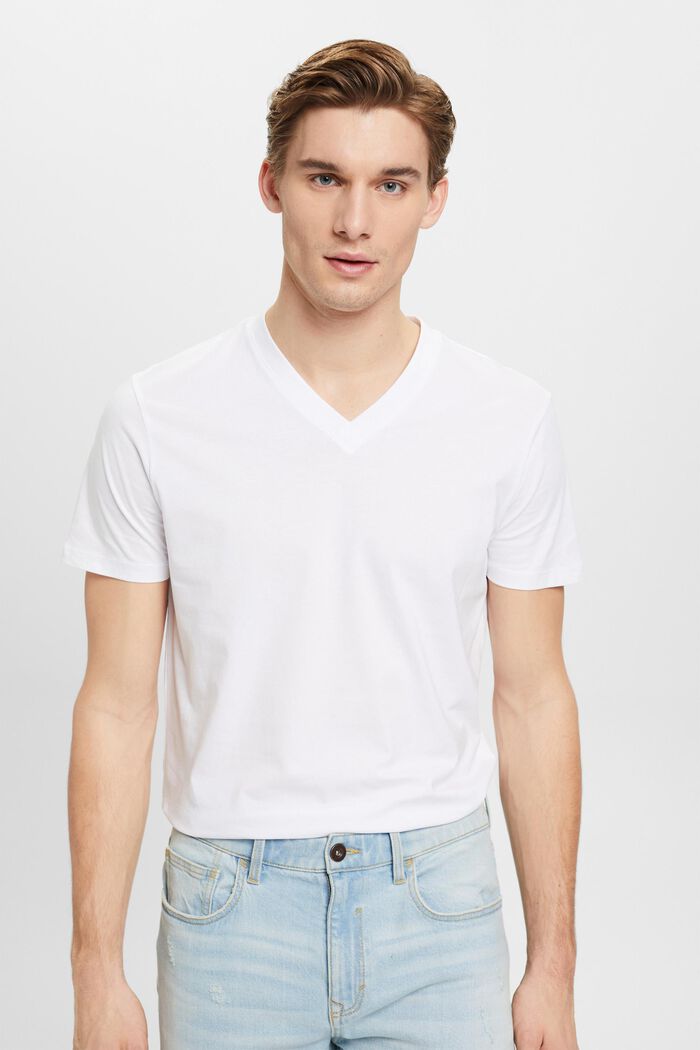 T-shirt en coton à encolure en V de coupe Slim Fit, WHITE, detail image number 0