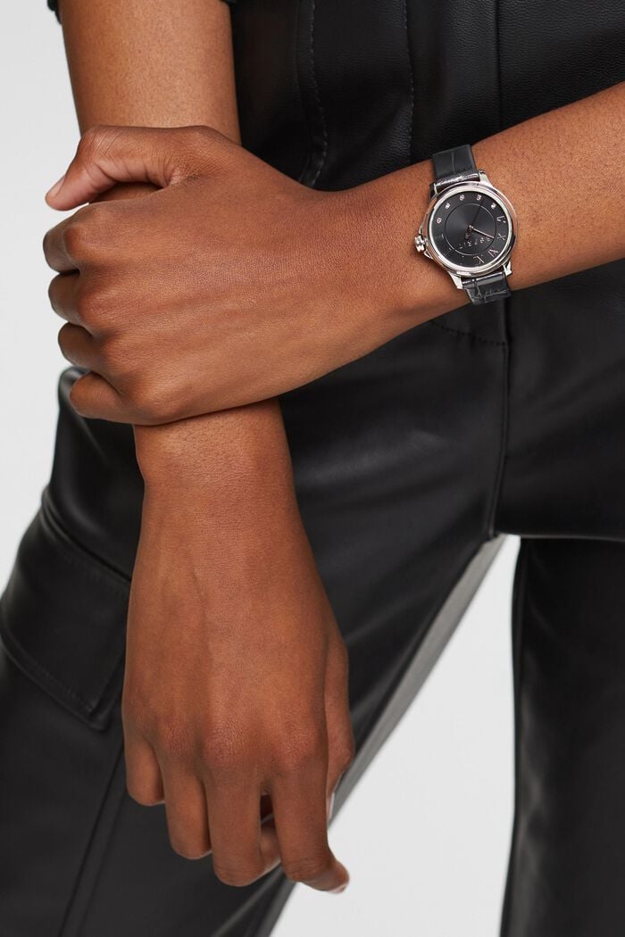 Montre en acier inox à bracelet en cuir, BLACK, detail image number 2