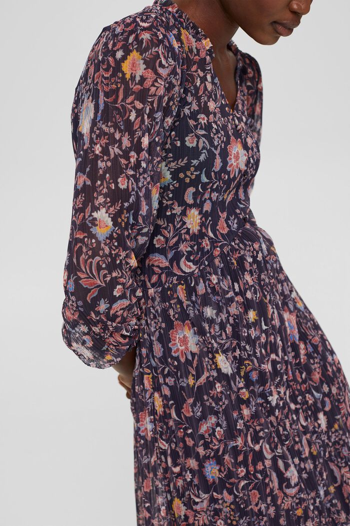 Robe en mesh plissée ornée d'un imprimé à fleurs, NAVY, detail image number 3