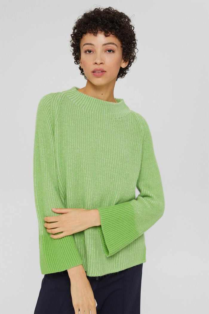 Pull-over en maille côtelée en laine mélangée à teneur en alpaga, GREEN, detail image number 0