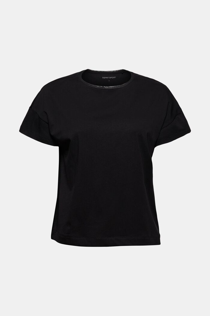 T-shirt orné de mesh de coupe carrée, coton biologique, BLACK, overview
