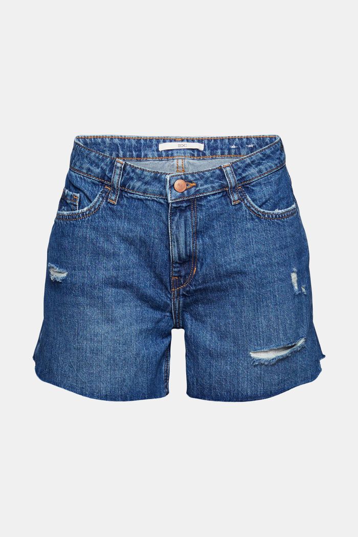 Short en jean au look usé, 100 % coton, BLUE DARK WASHED, overview