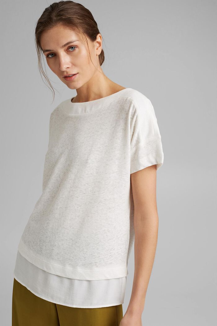 À teneur en lin : t-shirt au look superposé, OFF WHITE, detail image number 0