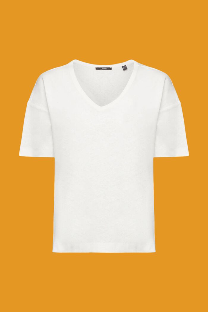 T-shirt en lin mélangé à encolure en V, OFF WHITE, detail image number 6