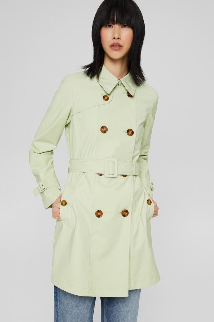 Trench-coat court à ceinture, coton biologique mélangé, PASTEL GREEN, detail image number 0