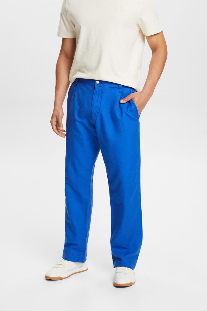 Pantalon de coupe droite en lin et coton, BRIGHT BLUE, detail image number 0