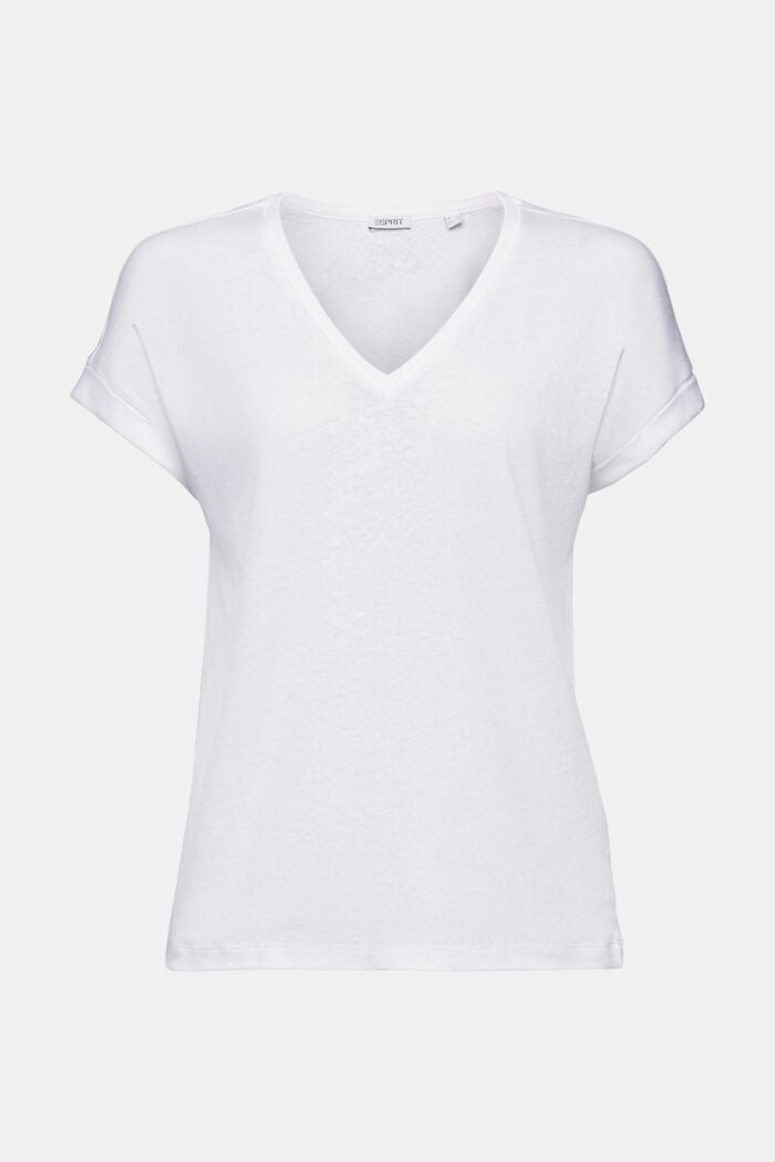 T-shirt à encolure en V en mélange de lin et coton, WHITE, detail image number 5