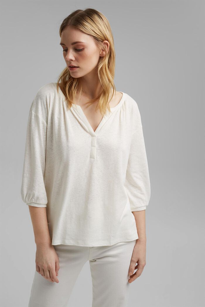 Haut façon blouse en mélange de coton et de lin, OFF WHITE, detail image number 0