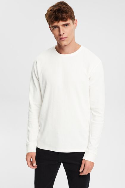 T-shirt à manches longues en maille piquée gaufrée, OFF WHITE, overview