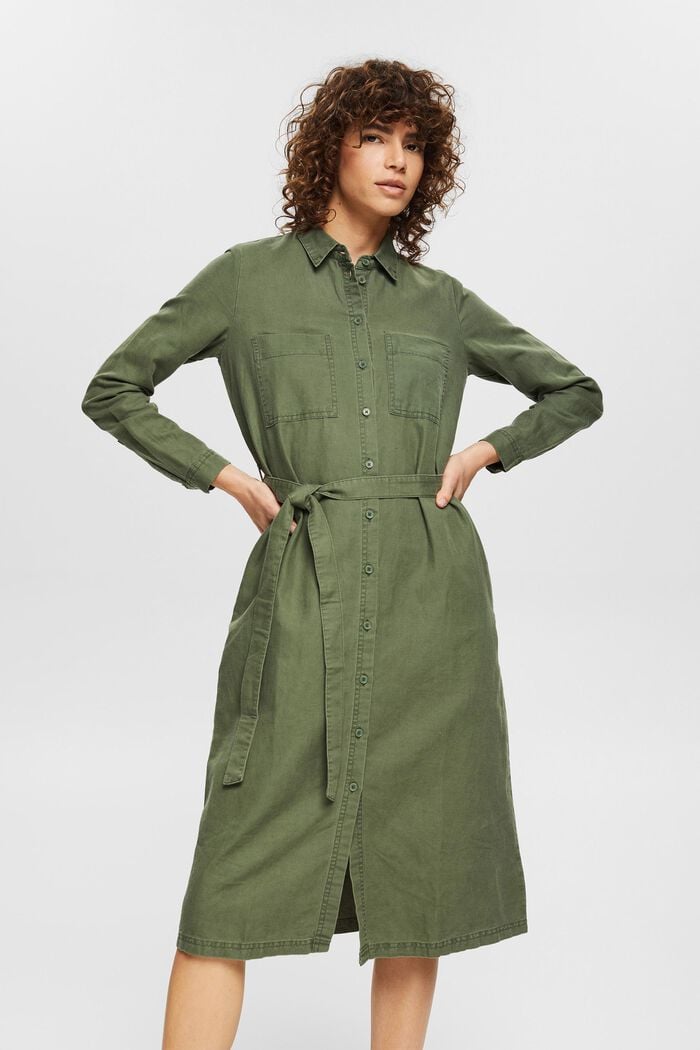 En lin mélangé : la robe-chemise à ceinture, GREEN, detail image number 0