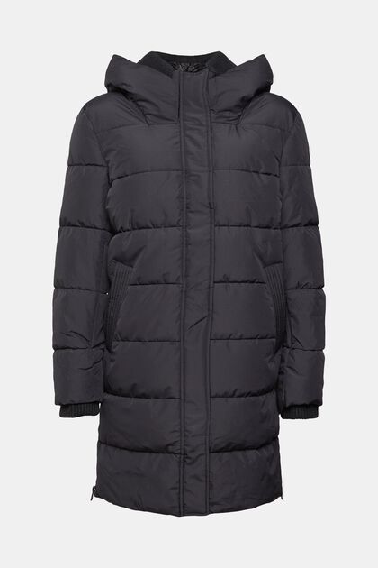 Manteau matelassé à détails en maille côtelée, BLACK, overview