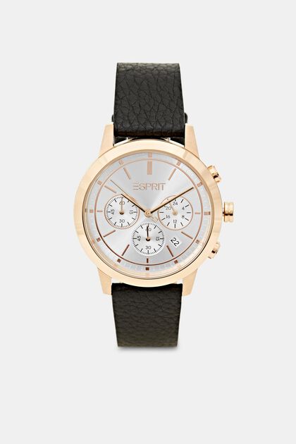 Chronographe à bracelet en cuir, BLACK, overview