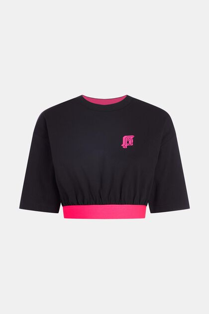 T-shirt fluo court à logo et bordures côtelées, BLACK, overview
