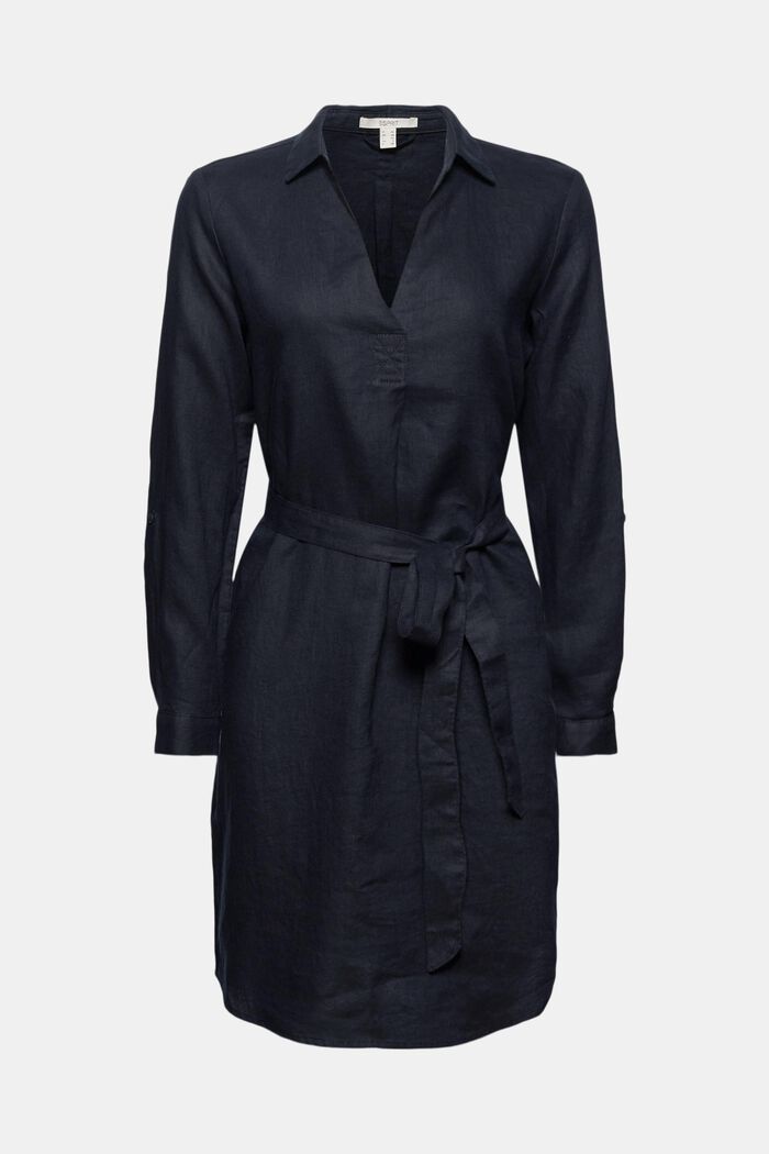 En lin : la robe-chemise ceinturée, BLACK, overview