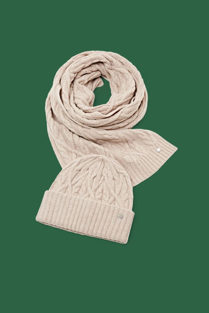 Coffret-cadeau bonnet et écharpe en laine mélangée, BEIGE, detail image number 0