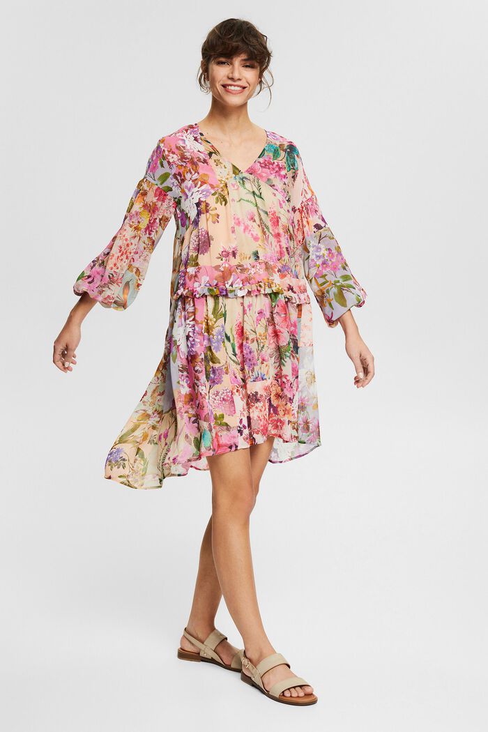 En matière recyclée : la robe en chiffon à motif floral, PINK FUCHSIA, detail image number 1