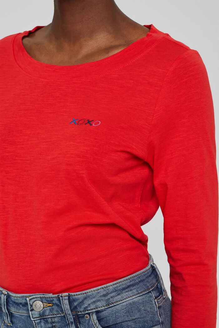 T-shirt brodé à manches longues, 100 % coton, ORANGE RED, detail image number 2