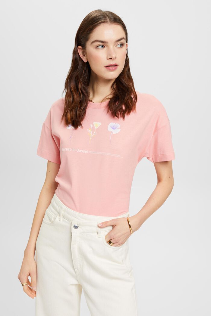 T-shirt à imprimé à fleurs sur la poitrine, PINK, detail image number 0