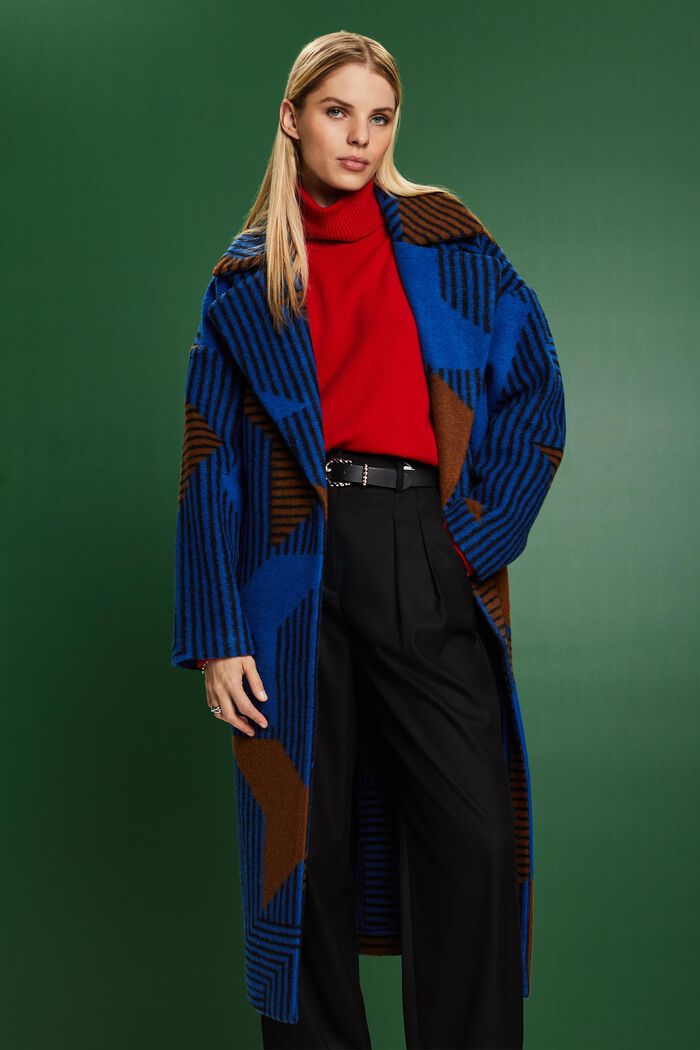 Manteau imprimé en laine mélangée, BRIGHT BLUE, detail image number 0