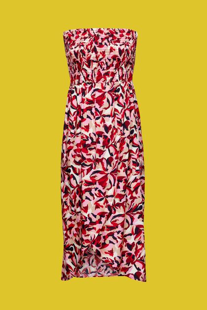 Robe tube smockée, longueur midi, à motif à fleurs, DARK RED, overview