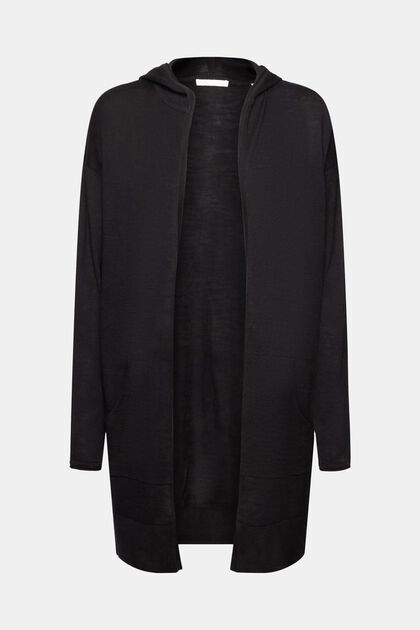 Cardigan à capuche en maille de pur coton, BLACK, overview