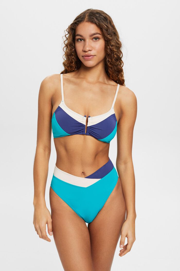 Bas de bikini taille mi-haute au design colour blocking, TEAL GREEN, detail image number 0