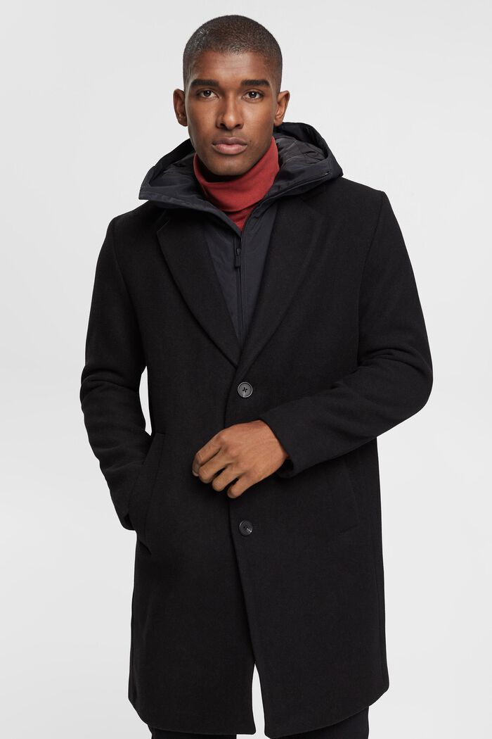 Manteau en laine mélangée à capuche amovible, BLACK, detail image number 1