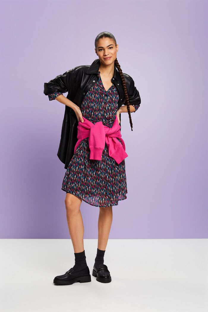 Mini-robe en mousseline imprimée à encolure en V, BLACK, detail image number 1