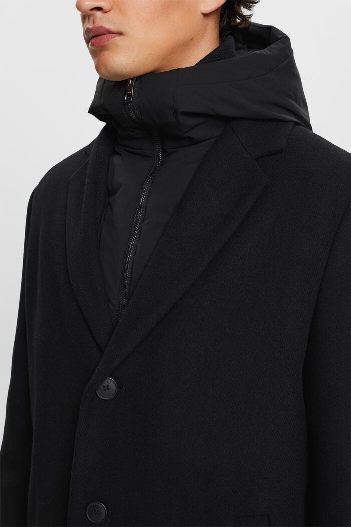Manteau à capuche amovible en laine mélangée, BLACK, detail image number 1