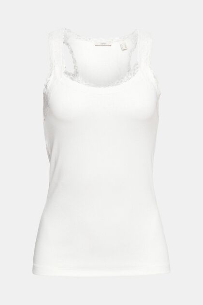 T-shirt sans manches à bordures en dentelle, OFF WHITE, overview
