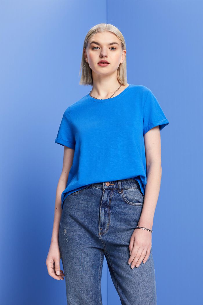 T-shirt basique à encolure ronde, 100 % coton, BRIGHT BLUE, detail image number 0