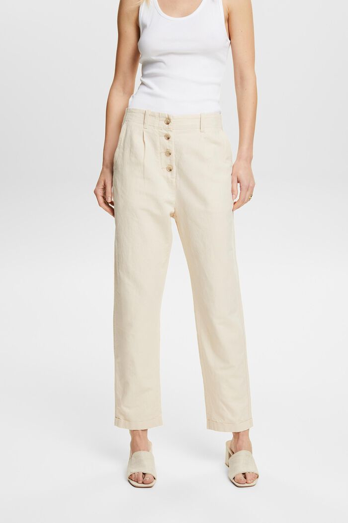 Pantalon à braguette boutonnée en coton et lin, CREAM BEIGE, detail image number 0
