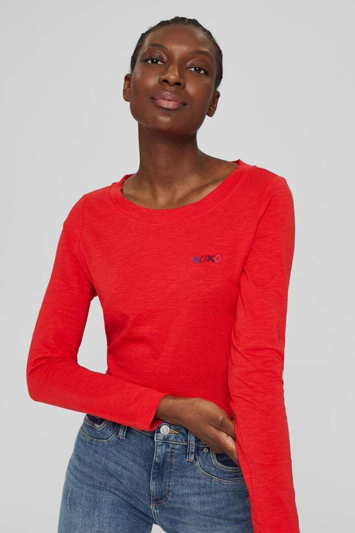 T-shirt brodé à manches longues, 100 % coton, ORANGE RED, overview
