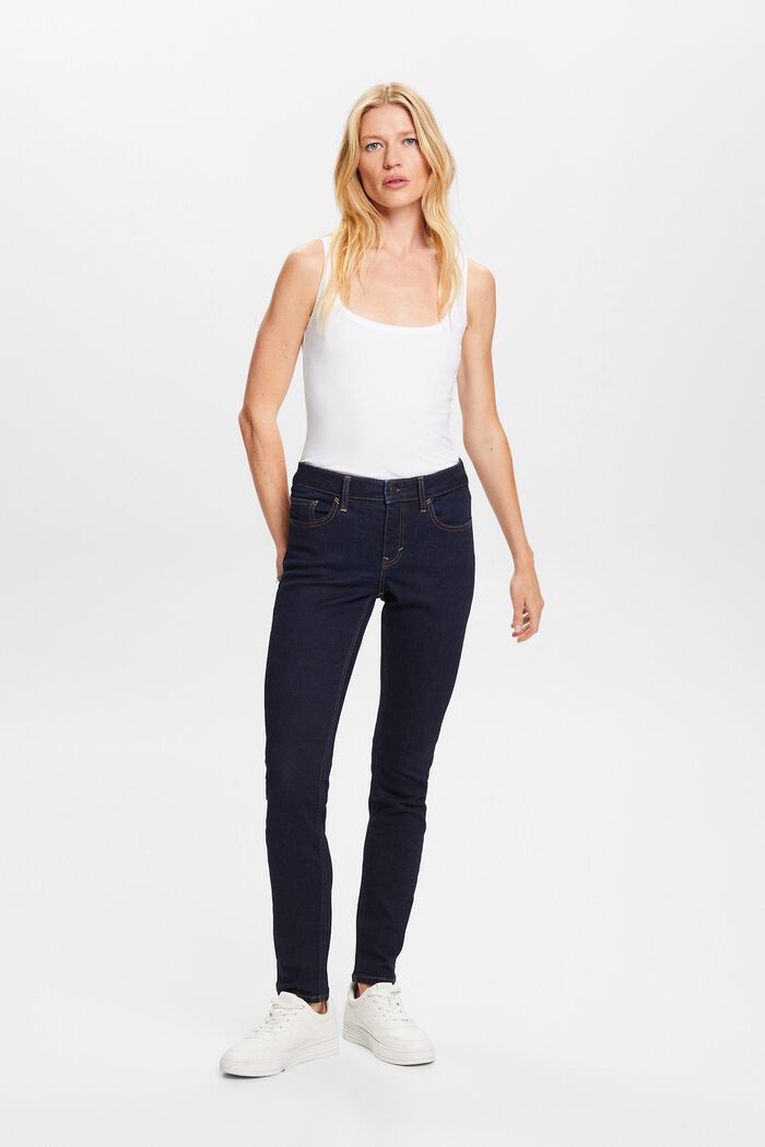 En matière recyclée : jean stretch de coupe Slim Fit à taille mi-haute, BLUE RINSE, detail image number 5