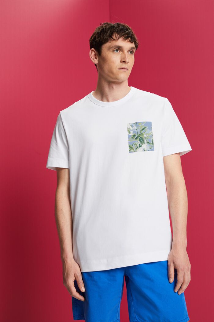 T-shirt en jersey à imprimé sur la poitrine, 100 % coton, WHITE, detail image number 0