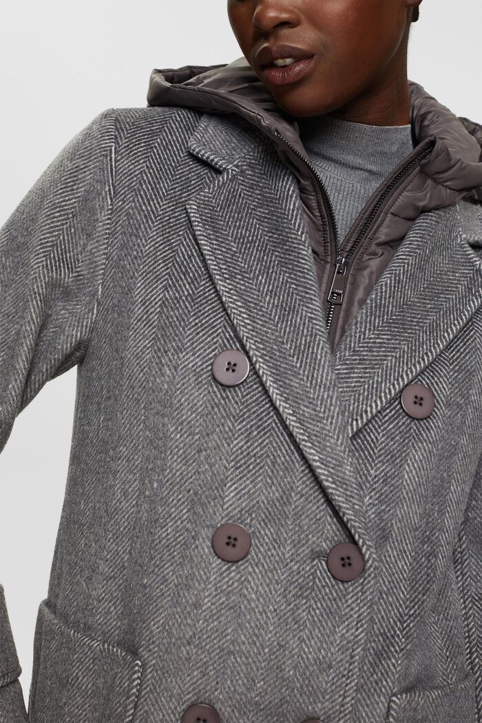 Manteau en laine mélangée à capuche amovible, GUNMETAL, detail image number 0