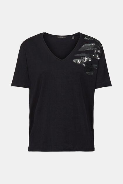 T-shirt à encolure en V orné de sequins, BLACK, overview