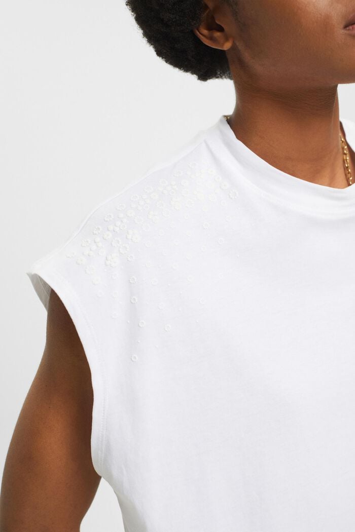 T-shirt sans manches en coton agrémenté de fleurs ornementées, WHITE, detail image number 2