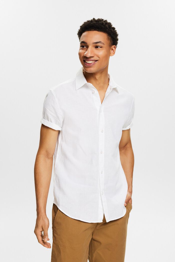Chemise à manches courtes en lin et coton, WHITE, detail image number 0