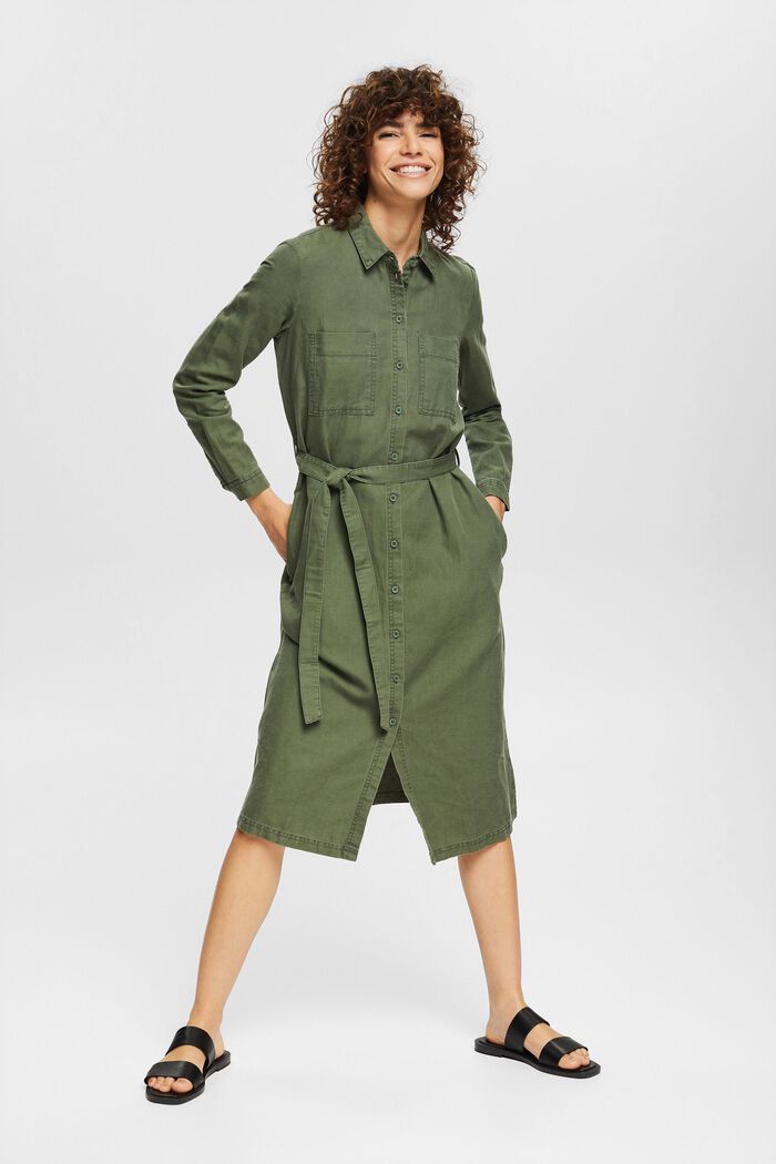 En lin mélangé : la robe-chemise à ceinture, GREEN, detail image number 6