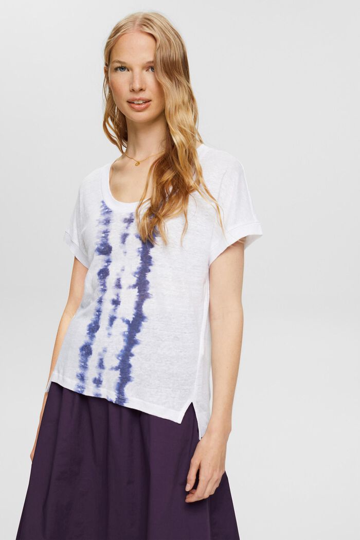 T-shirt à rayures batik, 100 % lin, WHITE, detail image number 0