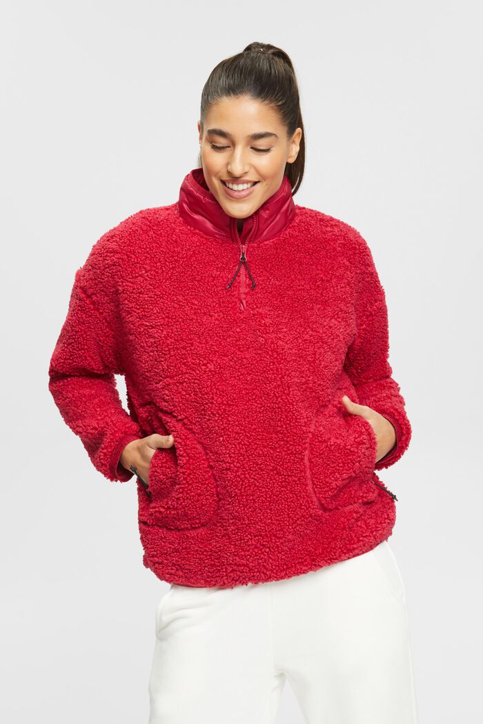 Sweat-shirt à demi-zip en polaire peluche, CHERRY RED, detail image number 0