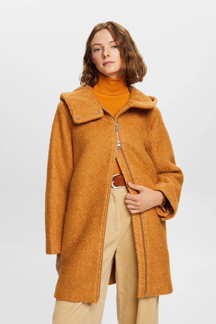 Manteau à capuche en mélange de laine bouclée, CARAMEL, detail image number 0