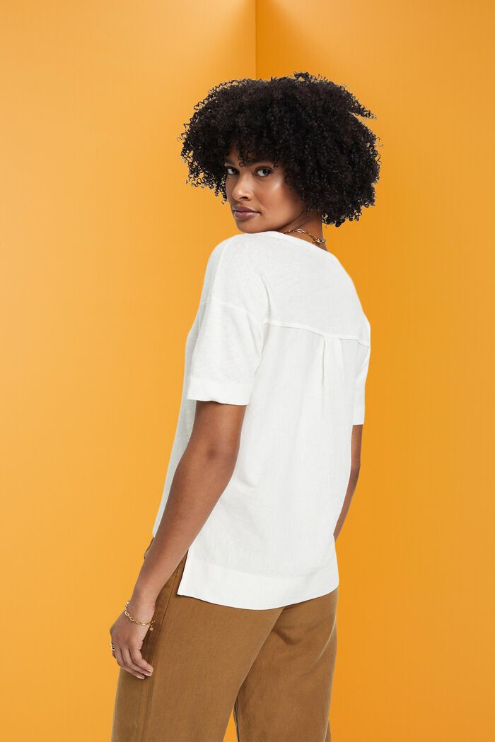 T-shirt en lin mélangé à encolure en V, OFF WHITE, detail image number 3