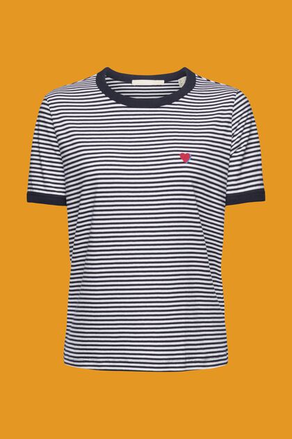 T-shirt rayé en coton animé d’un motif brodé, NAVY, overview